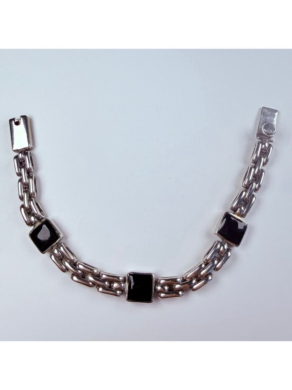 Taxco Onyx Square Bezel Chunky Chain Link Sterling Silver 925 Bracelet Mexico